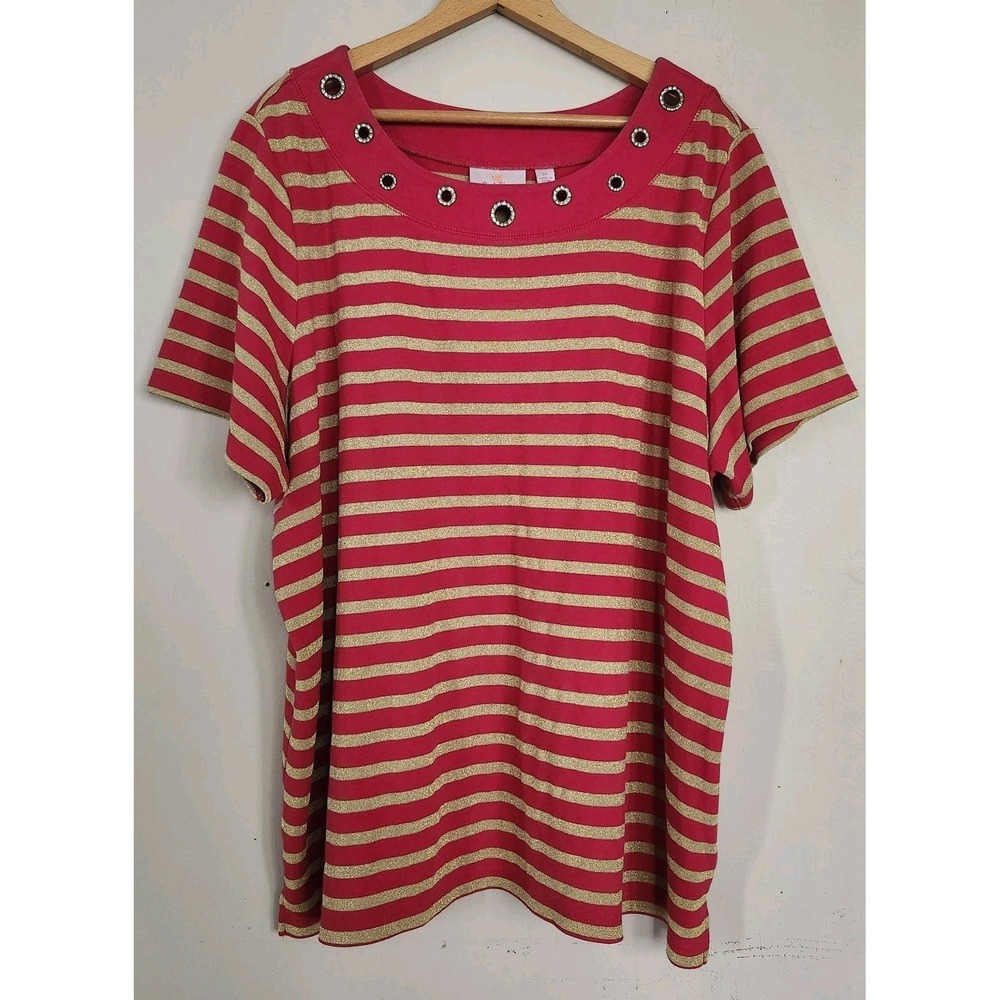 Quacker Factory Womens 3X Red Gold Striped Knit Sweater Top Short Sleeves Plus